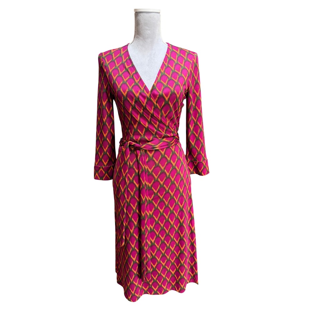 Diane von Furstenberg Julian Silk Wrap Dress 10 Pink Geometric Midi Long Sleeve